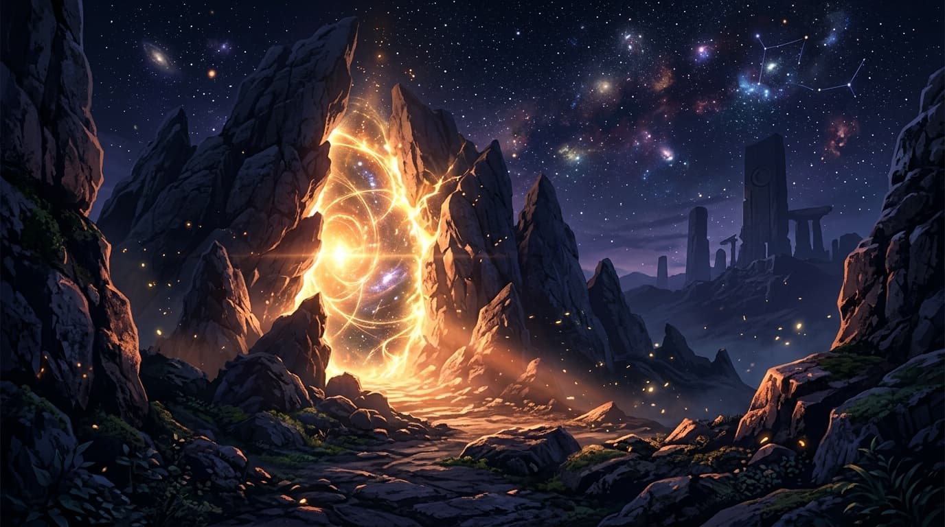 Golden energy portal in a rocky landscape